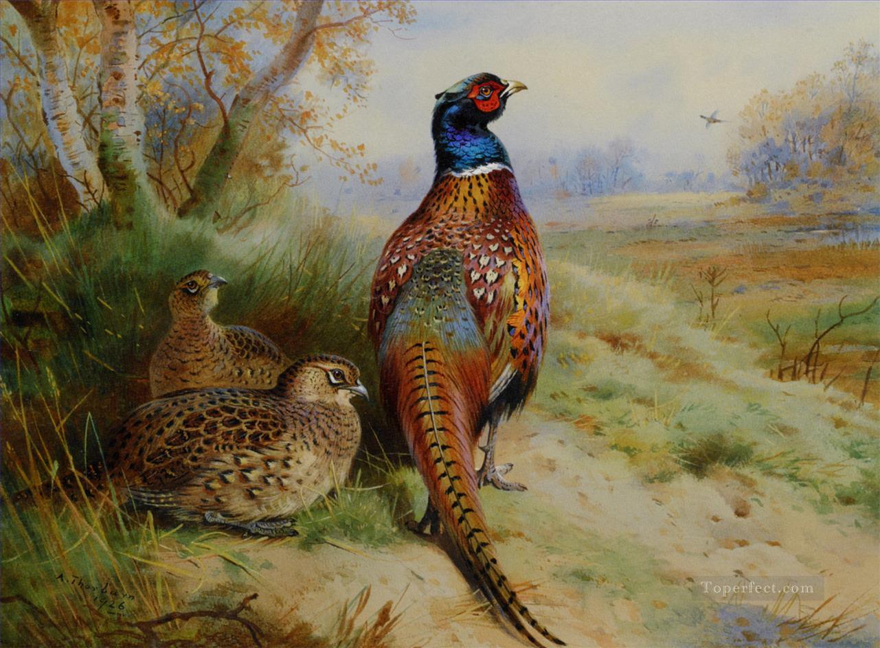 coq et poule faisan au bord d’un bois 1926 oiseaux Peintures à l'huile